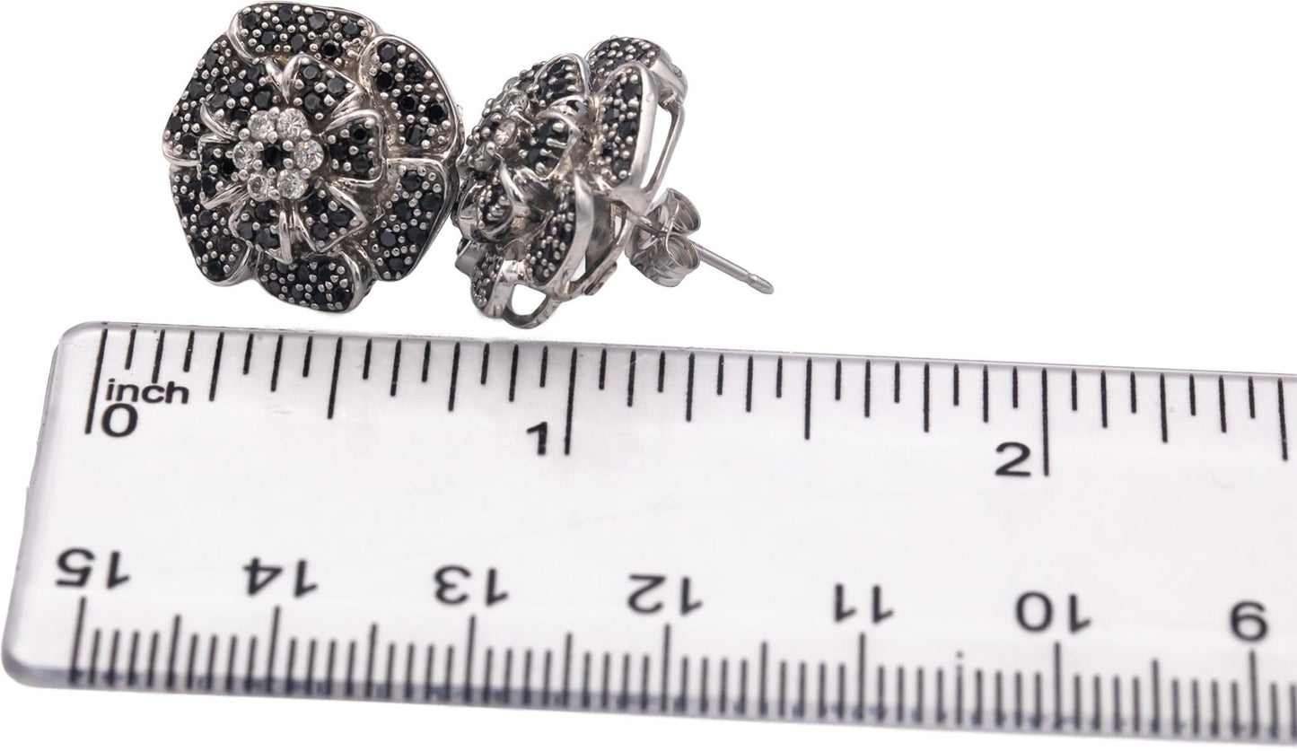 14k White Gold 0.75CT White and Black Diamond Cluster Flower Stud Earrings