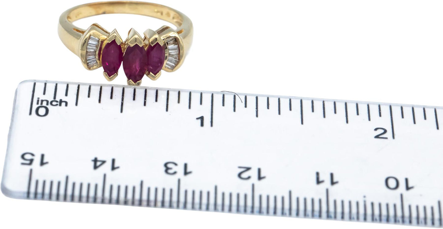 Marquise Ruby and Baguette Diamond 14k Yellow Gold Cocktail Ring 0.60CT Size 6.5