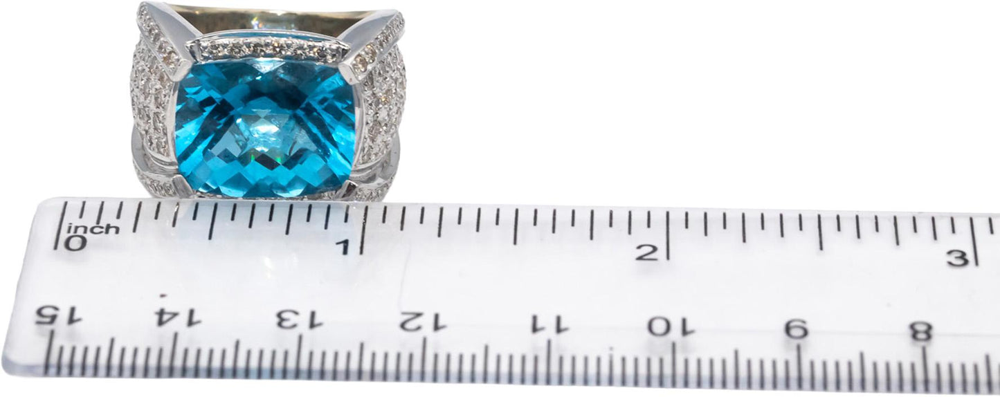 14k White Gold Blue Topaz and Diamond Cocktail Ring 13.50CT Size 7.75