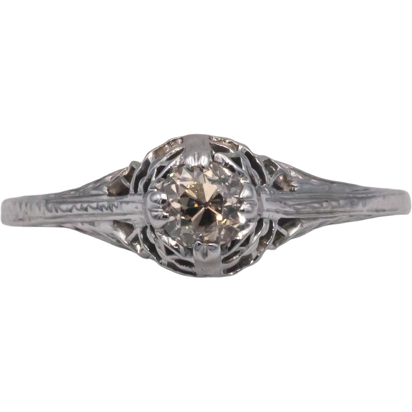 Vintage Antique 18k White Gold 0.25CT Round Cut Diamond Filigree Ring Size 7.75