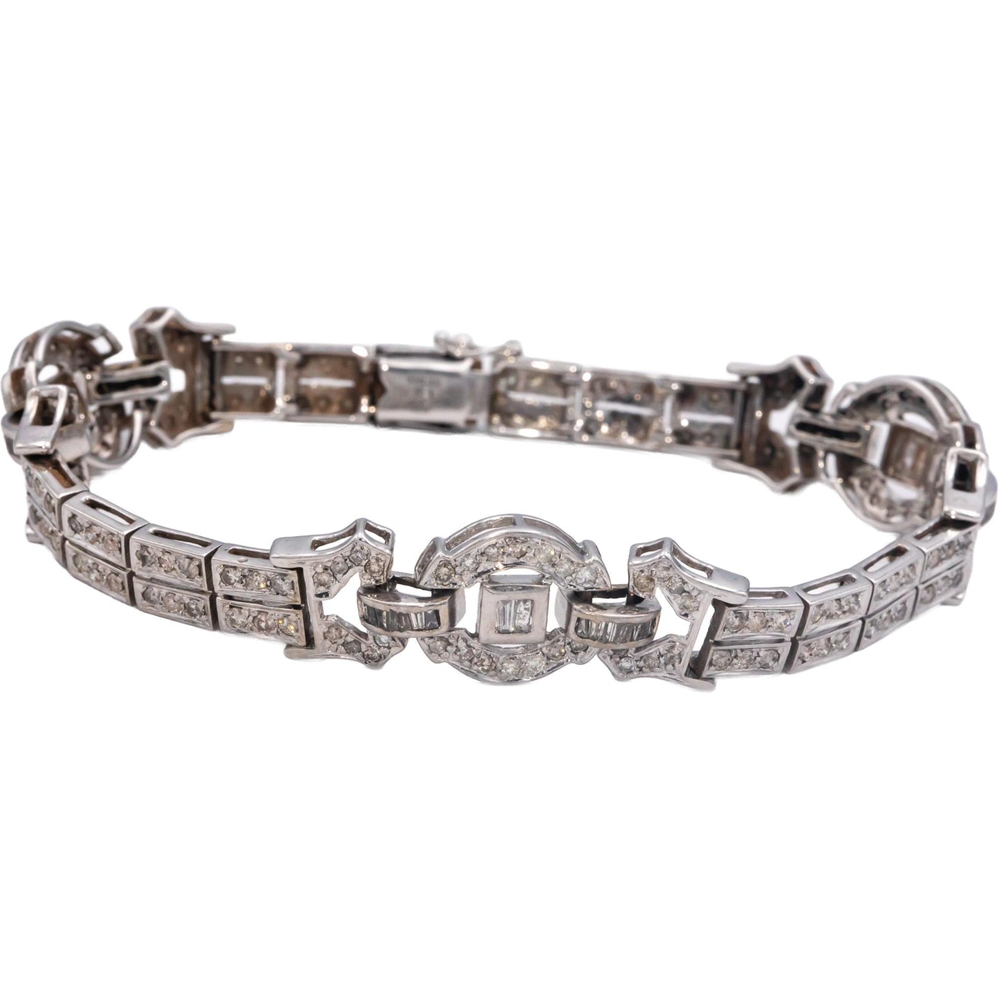 18k White Gold Round and Baguette Cut Diamond Fancy Link Bracelet 3.0CT