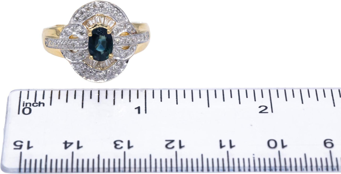 Diamond and Blue Sapphire 14k Yellow Gold Cluster Cocktail Ring 1.35CT Size 7