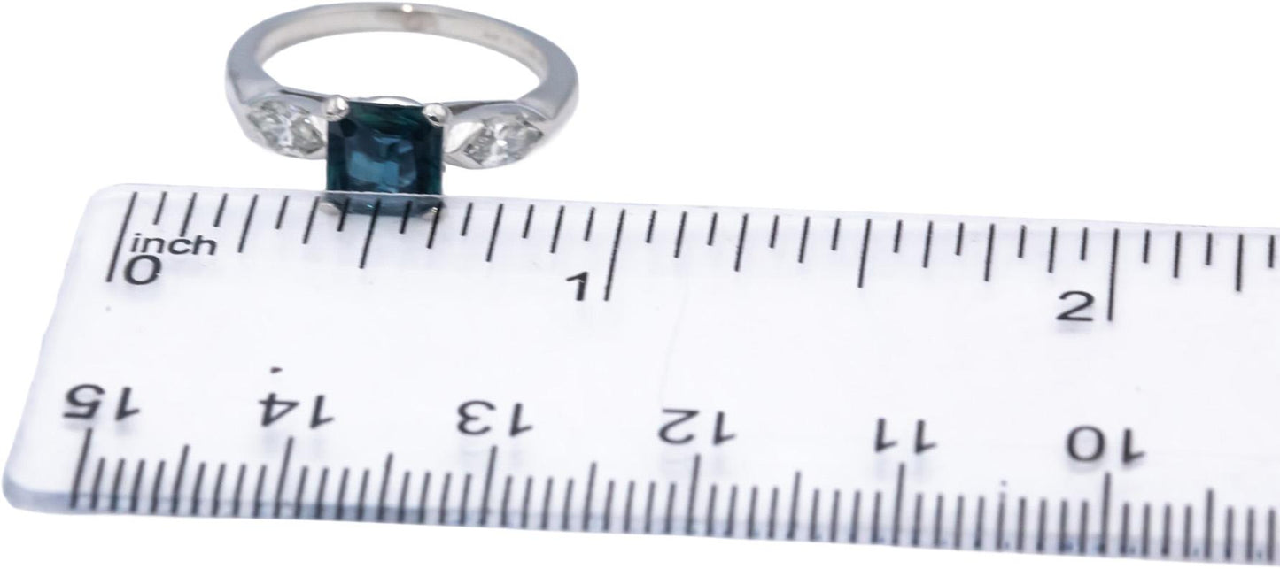 Platinum Emerald Cut Blue Topaz & Marquise Diamond Cocktail Ring 1.81CT Size 5
