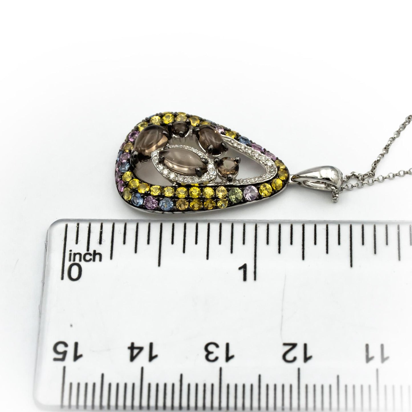14k White Gold Diamond & Multi Color Gemstone Abstract Pendant Necklace 1.50CTW