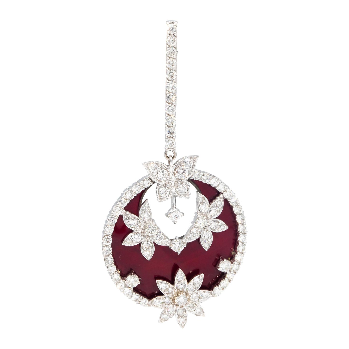 STAMBOLIAN 18k White Gold VS Diamond Red Enamel Floral Drop Earrings 8.10CT