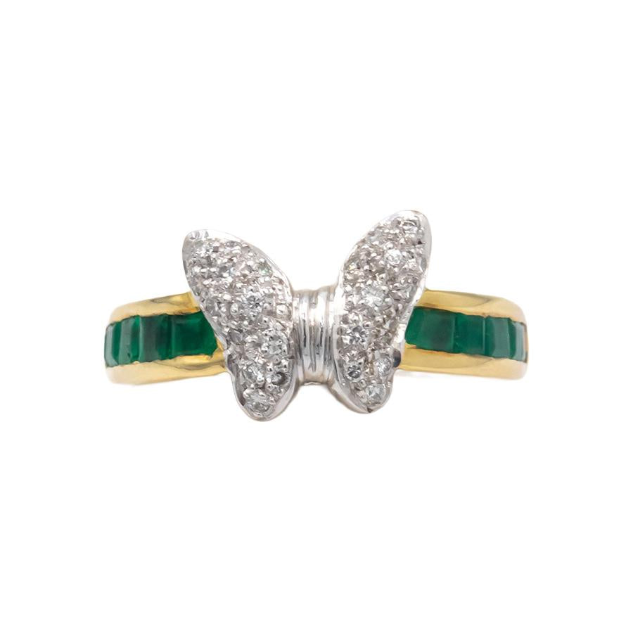 KALATI 18k Yellow & White Gold Diamond and Emerald Butterfly Ring 0.68CT Size 6