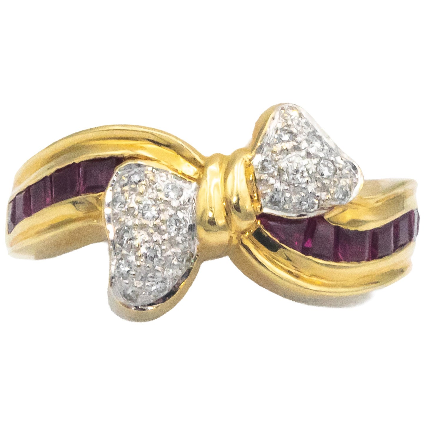 Designer 18k Yellow Gold Diamond and Ruby Knot Bowtie Ring 0.71CT Size 8