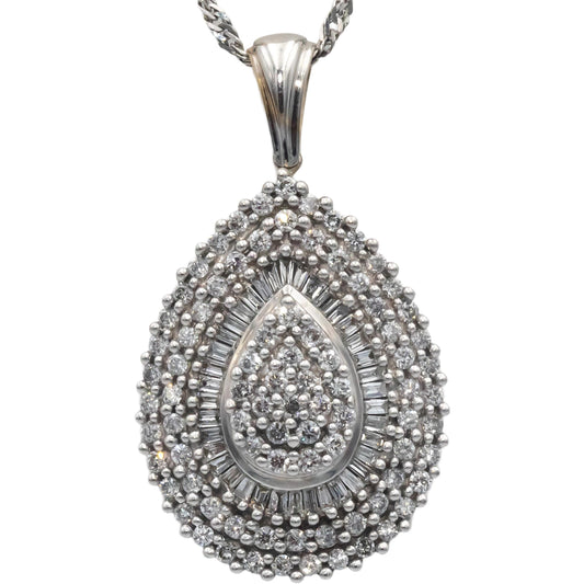 10k White Gold 1.0CT Diamond Cluster Pendant Chain Necklace