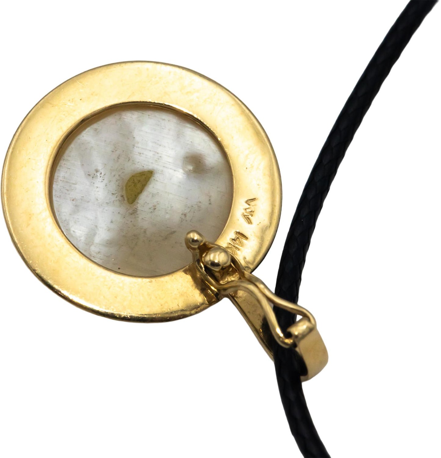 14k Yellow Gold 15mm Diameter Mabe Pearl Solitaire Pendant On Cord Necklace