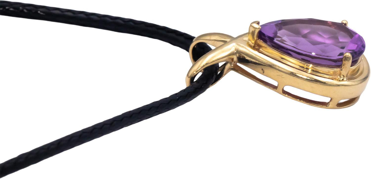 14k Yellow Gold Pear Cut Amethyst Solitaire Pendant Cord Necklace 4.0CT