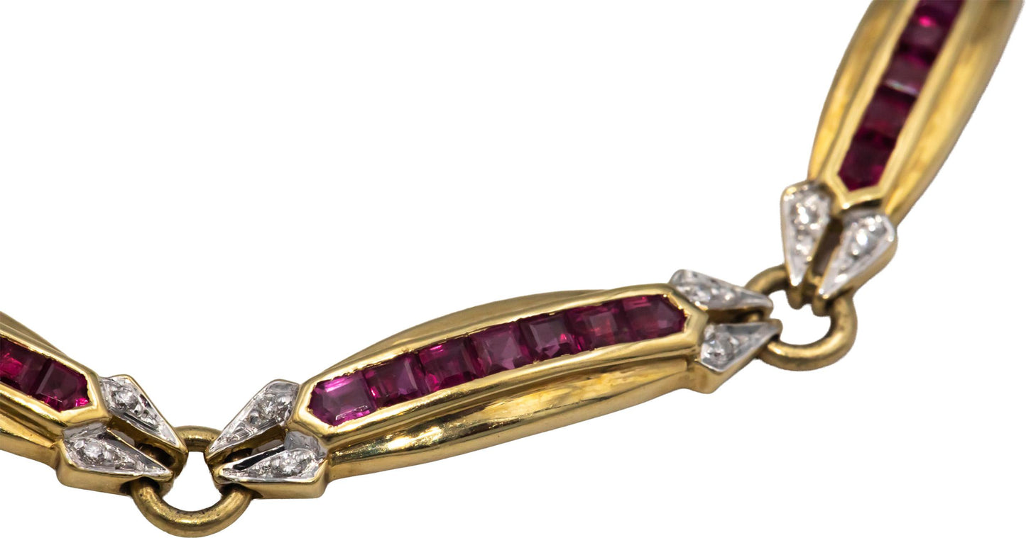 Designer 18k Yellow Gold 1.90CT Diamond and Ruby Fancy Link Bracelet