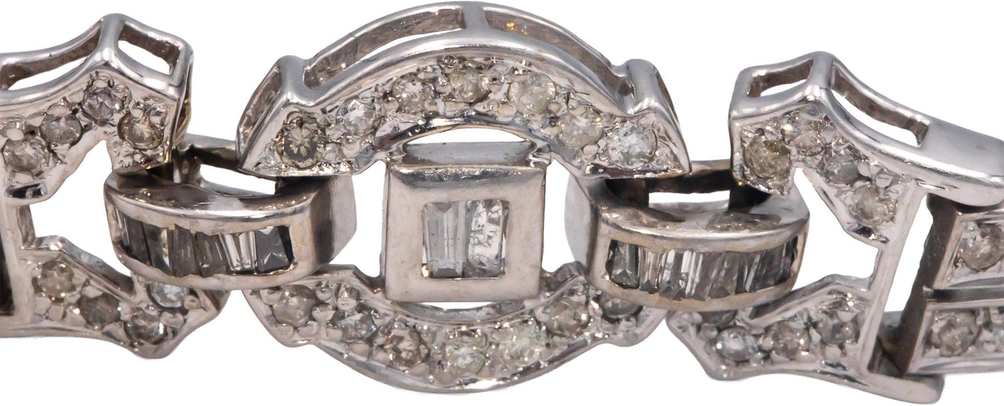 18k White Gold Round and Baguette Cut Diamond Fancy Link Bracelet 3.0CT