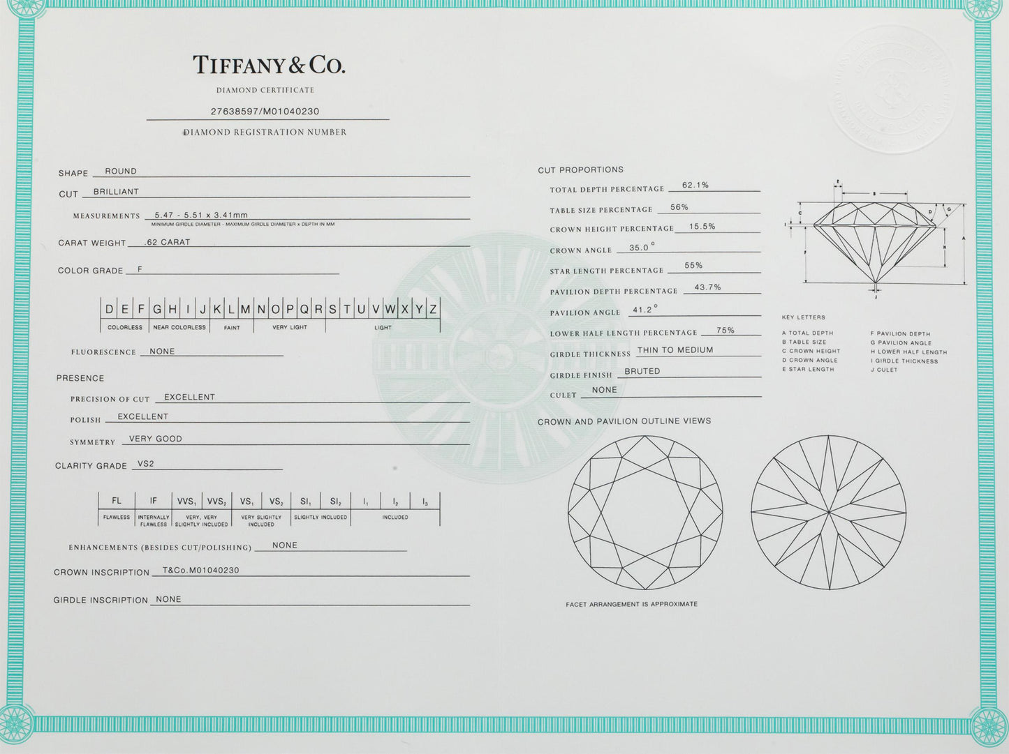 $8800 TIFFANY & CO. Platinum .63CT Round Diamond Engagement Ring w/ Box Papers