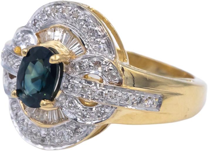 Diamond and Blue Sapphire 14k Yellow Gold Cluster Cocktail Ring 1.35CT Size 7