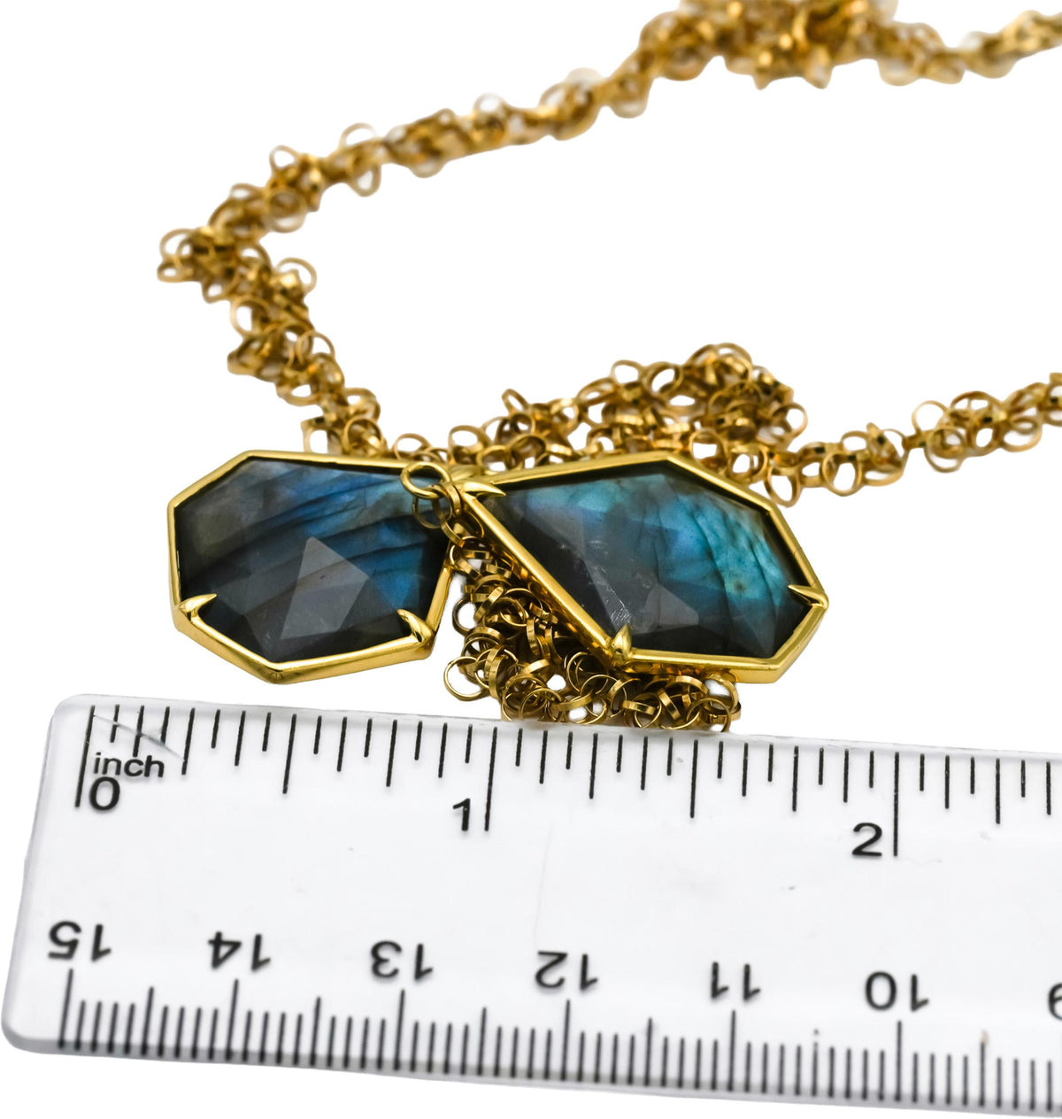 18k Yellow Gold Fancy Cut Labradorite Tassel Necklace 30.0CT