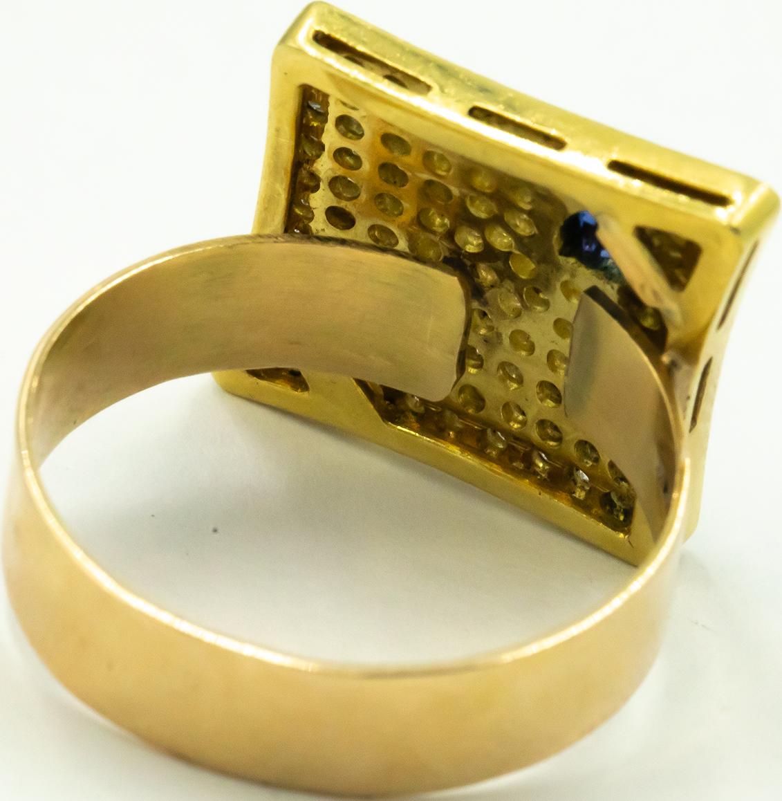 14K Yellow Gold 1.50CT Diamond Shape Pave Diamond & Blue Sapphire Ring Size 8
