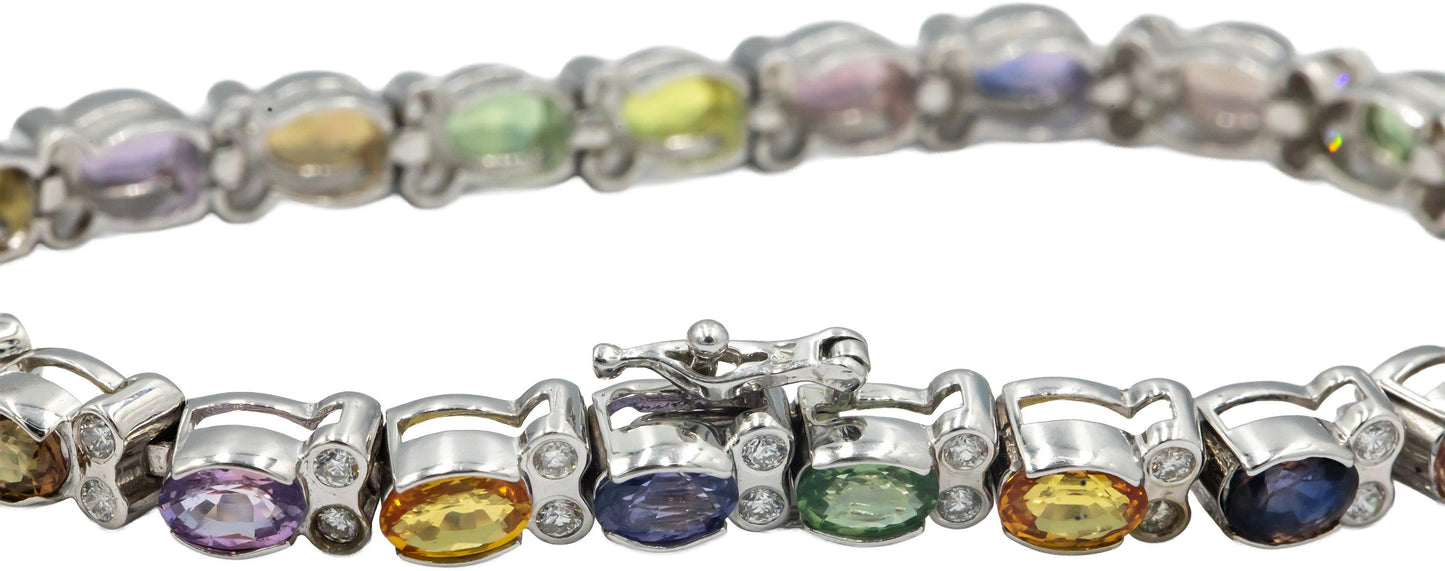 Estate 14k White Gold Rainbow Sapphire and Diamond Tennis Bracelet 11.35CT
