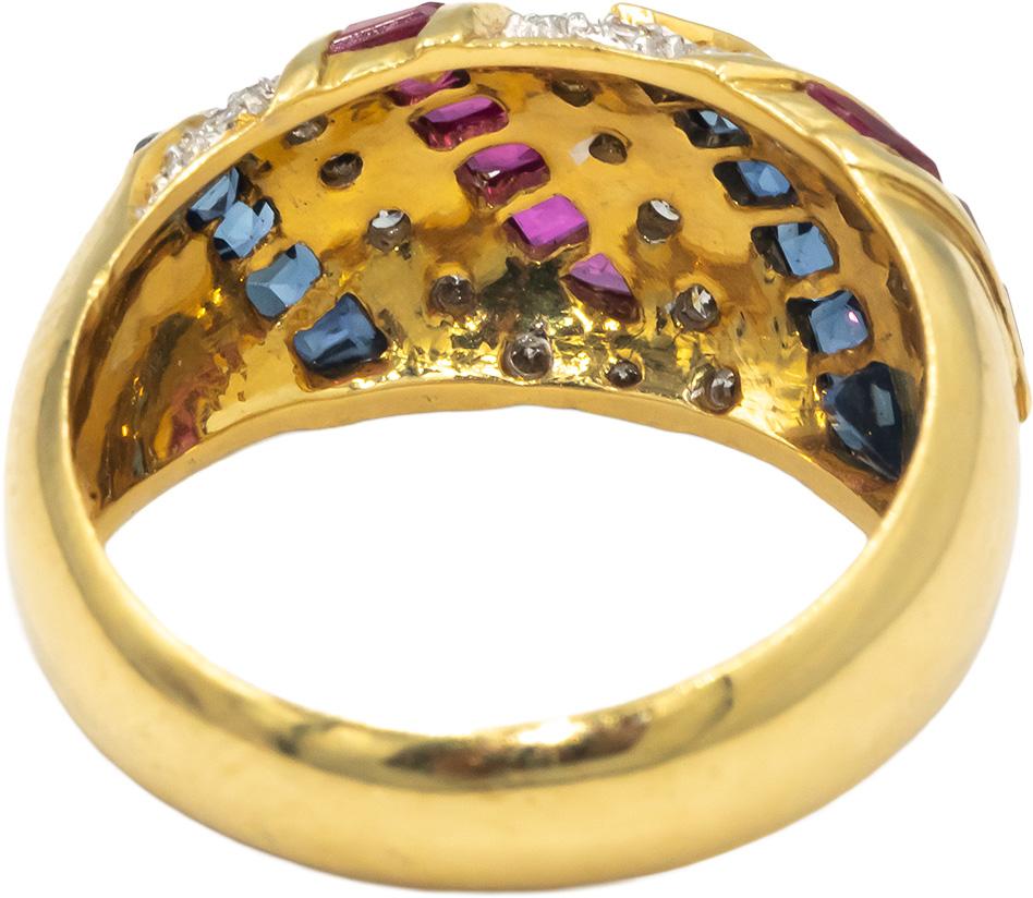 KALATI 18k Yellow Gold 1.10CT Diamond Ruby Sapphire Band Ring Size 7
