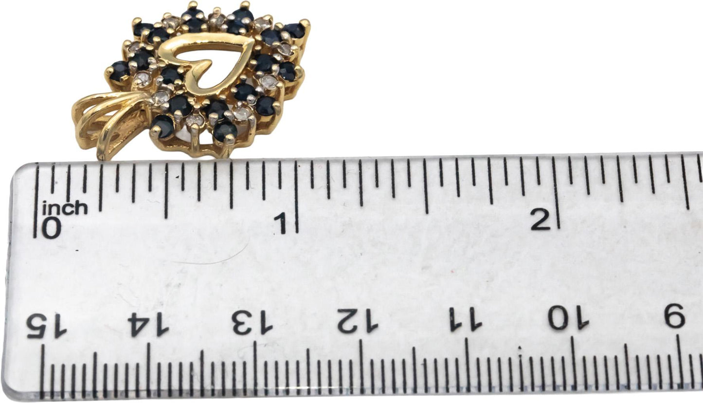 14k Yellow Gold Round Diamond and Sapphire Cluster Heart Pendant 0.75CT