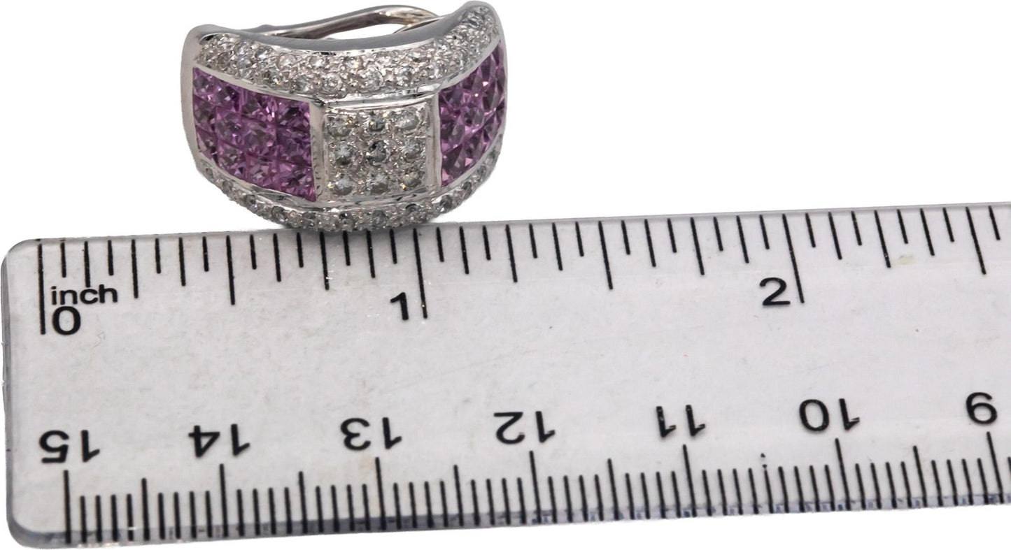 Diamond and Pink Sapphire 18k White Gold Cluster Curved Earrings 7.0CT