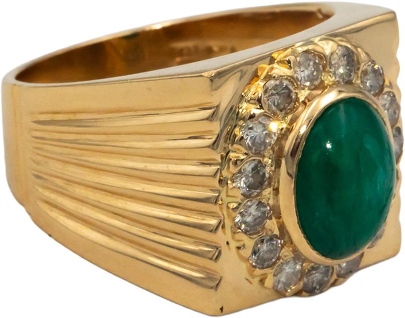 18k Yellow Gold Round Diamond and Cabochon Emerald Men's Ring 3.0CT Size 11