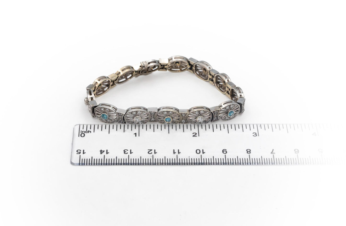 14k White Gold Round White and Blue Diamond Fancy Link Bracelet 1.50CT