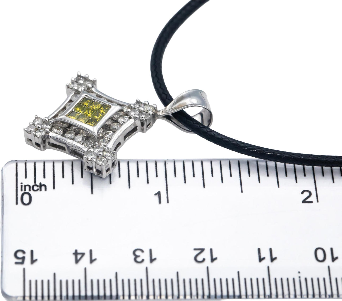 14k White Gold Princess & Round White and Yellow Diamond Pendant Necklace 1.0CT