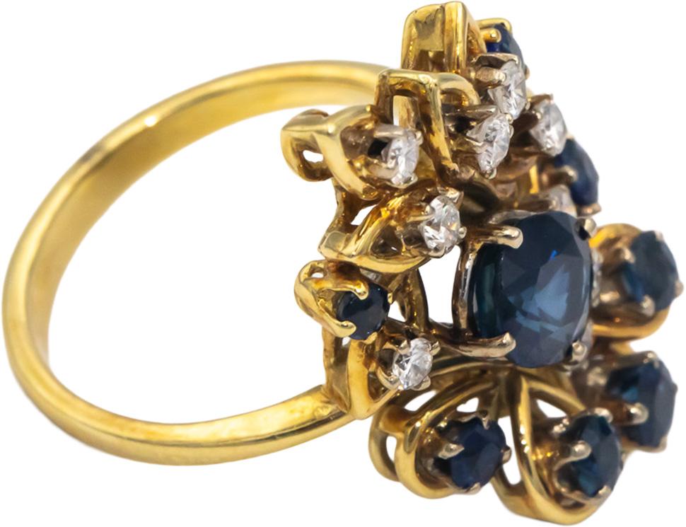 18k Yellow Gold 2.02CT Diamond and Sapphire Cluster Cocktail Ring Size 6.5