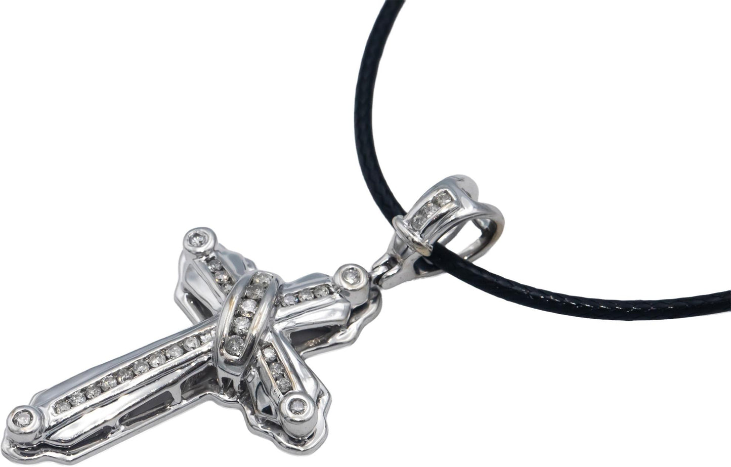 14k White Gold 0.33CT Round Cut Diamond Channel Bezel Set Cross Pendant Necklace