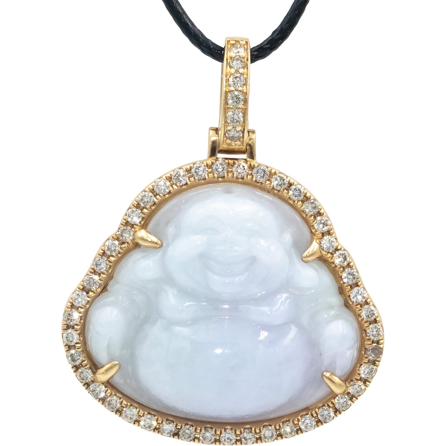 10k Yellow Gold Diamond & Carved Lavender Jadite Buddha Pendant Necklace 1.0CT