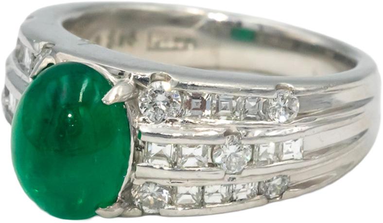Platinum Cabochon Emerald Round & Carre Cut Diamond Ring 3.32CT Size 6