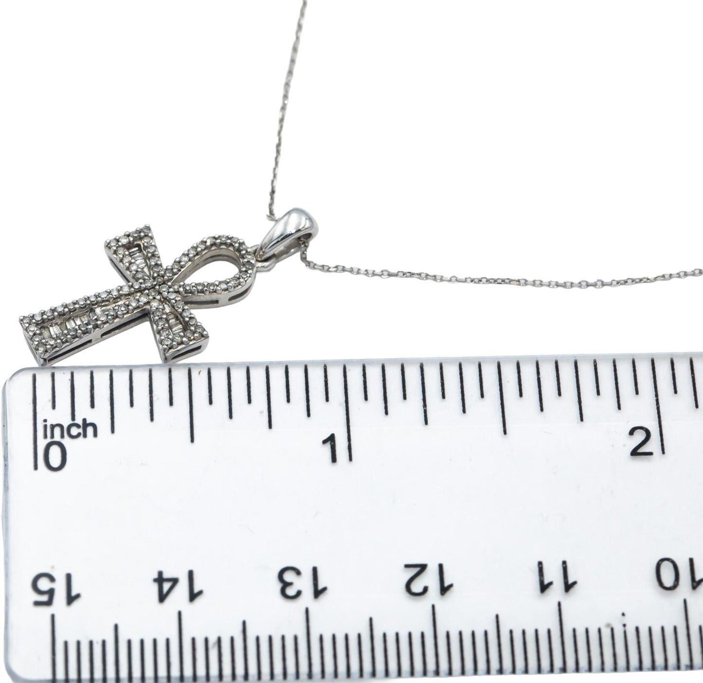 10k White Gold Round & Baguette Cut Diamond Anhk Cross Pendant Necklace 0.25CT