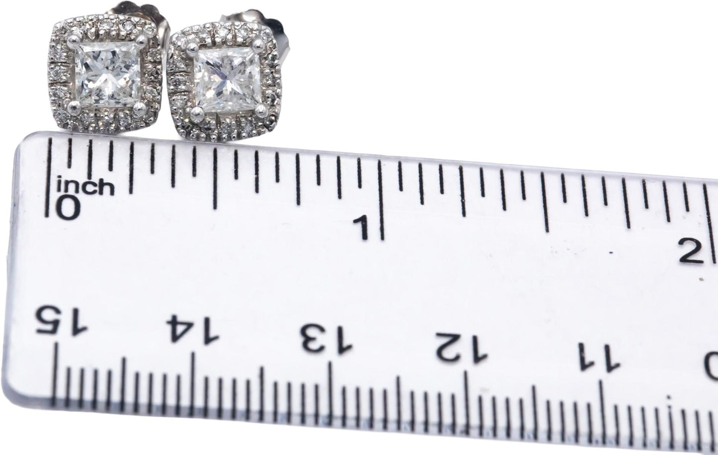 14k White Gold Princess & Round Diamond Stud Earrings 1.74CT w/ 1.54CT Centers