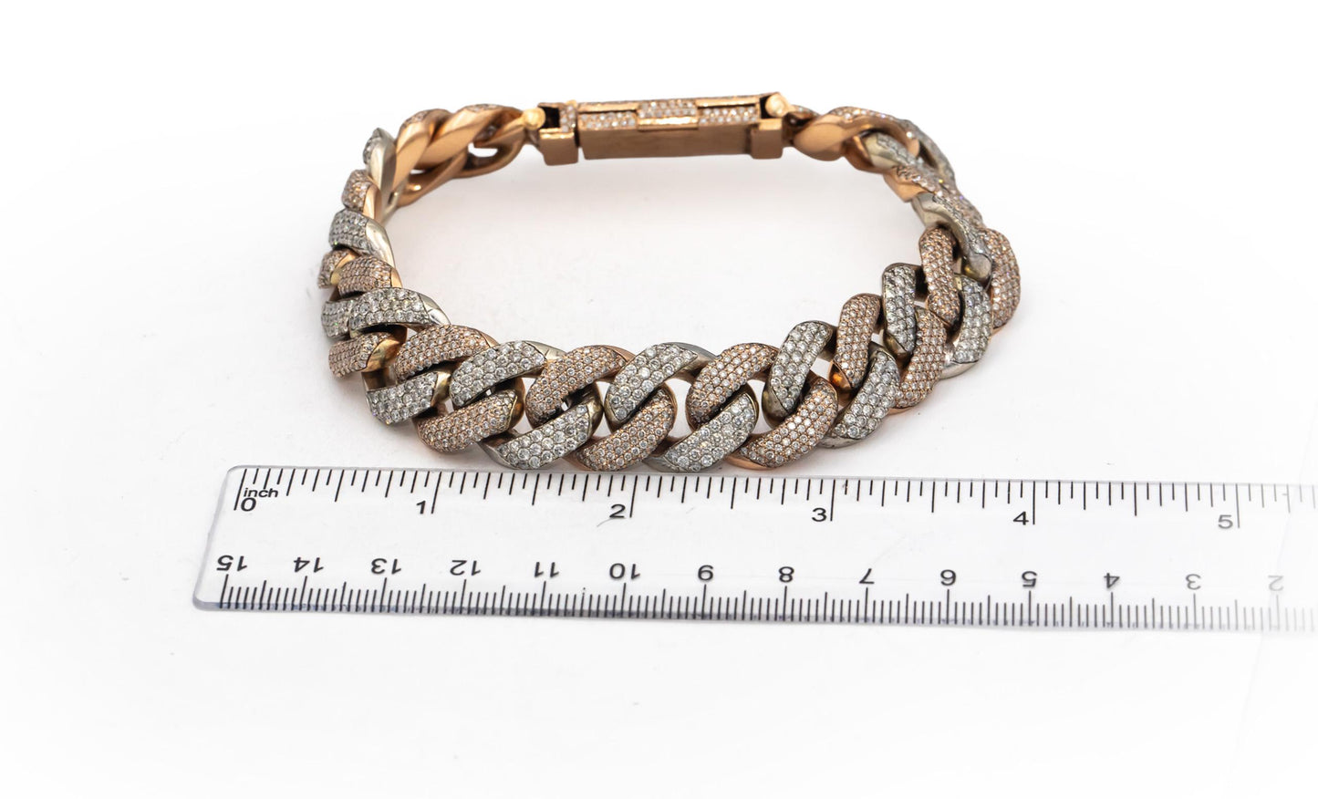 10k Rose & White Gold Iced Out Round Diamond Cuban Link Bracelet 19.0CT