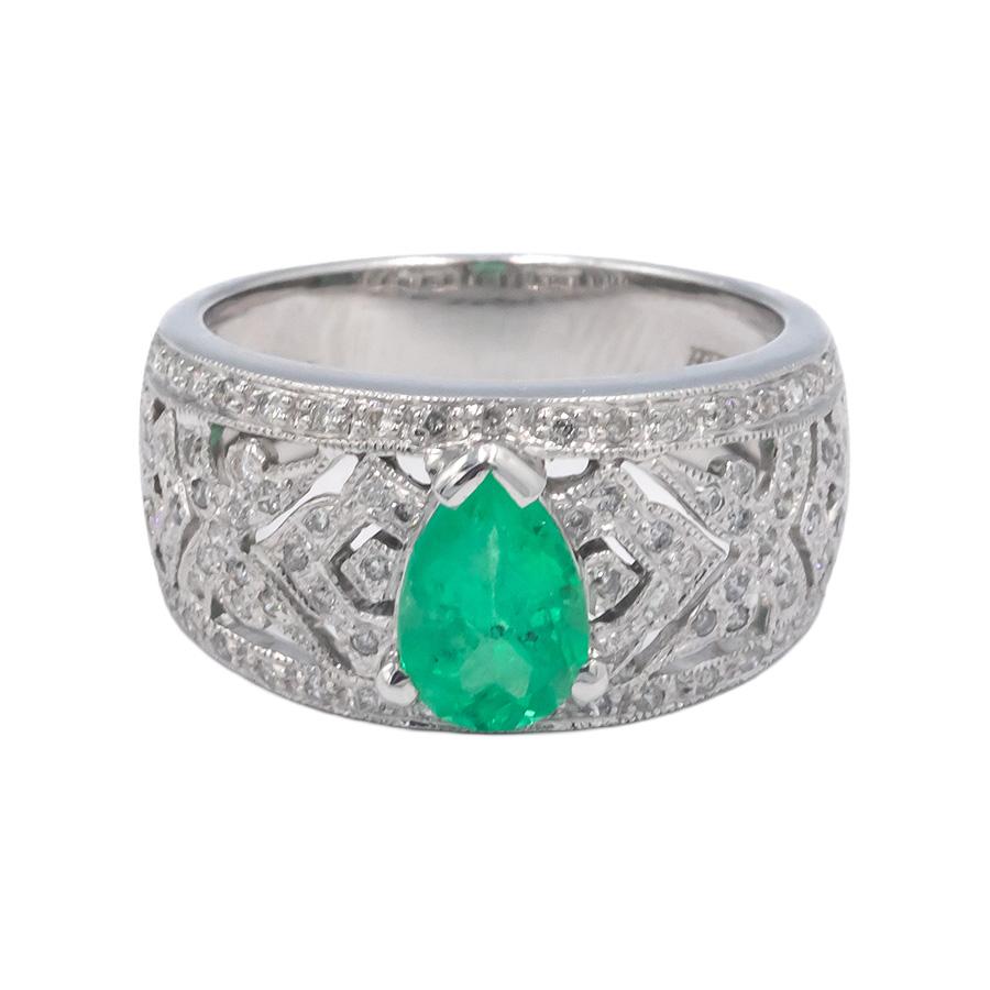 KALATI 18k White Gold 1.45CT Diamond and Emerald Filigree Ring Size 6.25