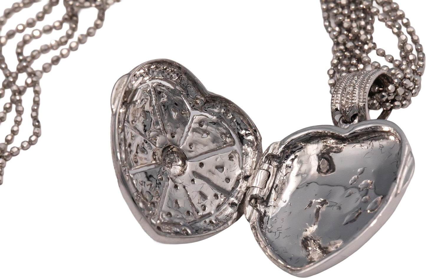 14k White Gold Diamond Filigree Heart Locket Pendant Multi-Chain Necklace 0.13CT