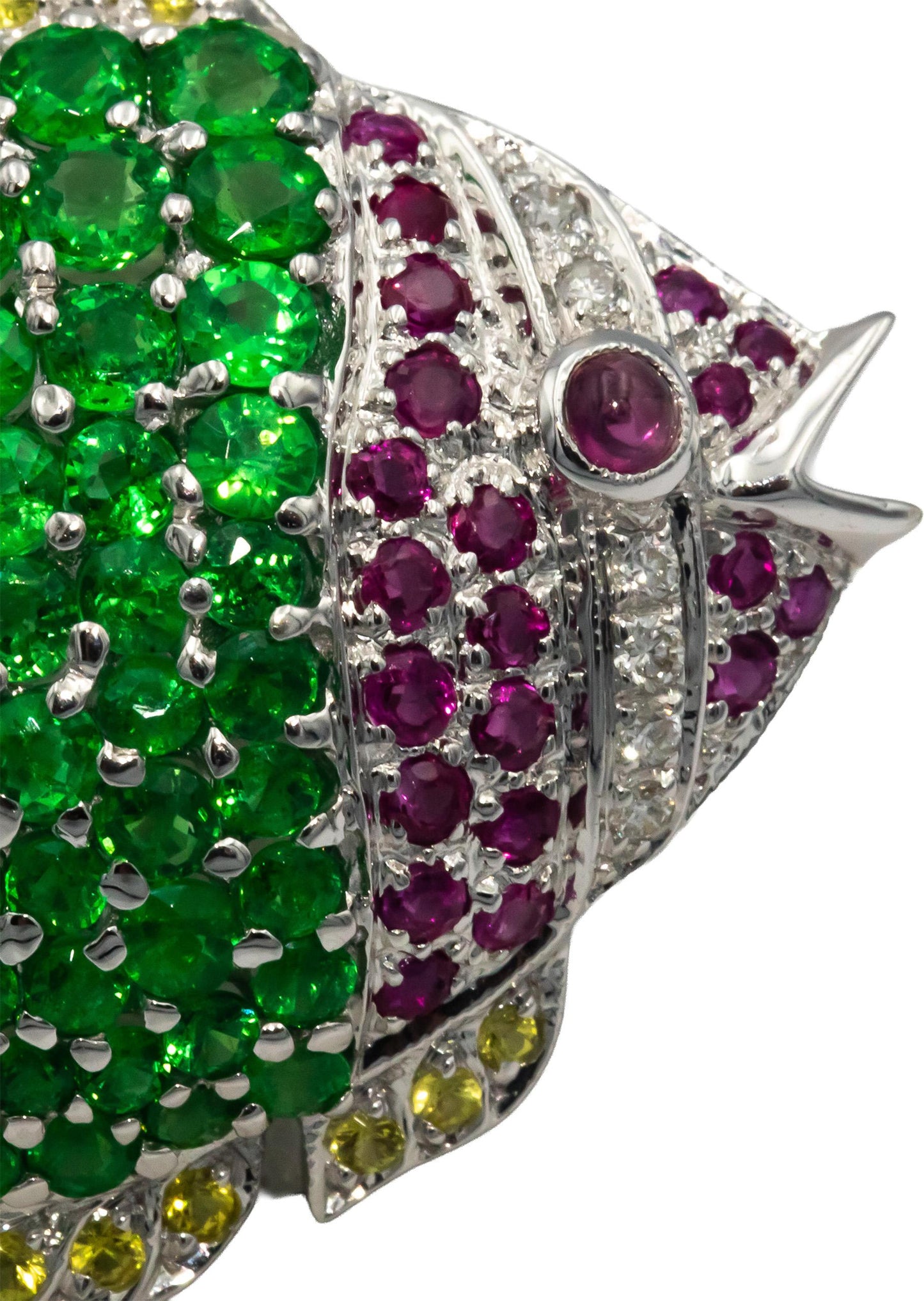 18k White Gold 5.10CT Diamond Ruby Sapphire & Green Garnet Tropical Fish Brooch