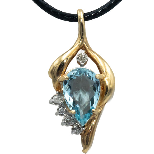 14k Yellow Gold 2.05CT Diamond and Aquamarine Pendant On Cord Necklace
