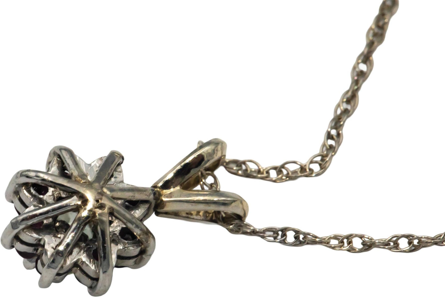 14k White Gold Diamond and Ruby Flower Pendant Chain Necklace 0.49CT