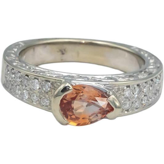 14k White Gold 1.75CT Diamond and GIA Cert Orange Sapphire Ring w/ Carved Sides