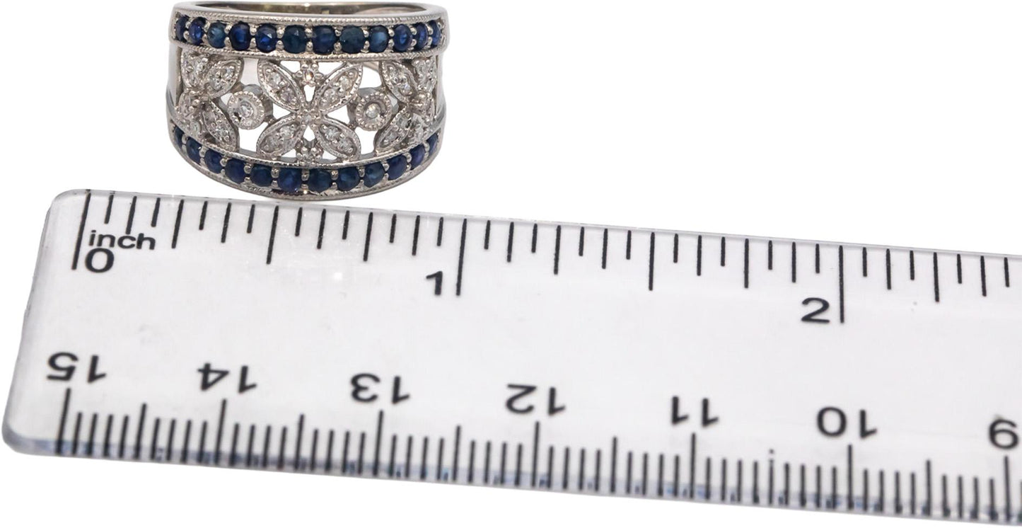 14k White Gold Diamond and Sapphire Floral Band Ring 0.66CT Size 5.25