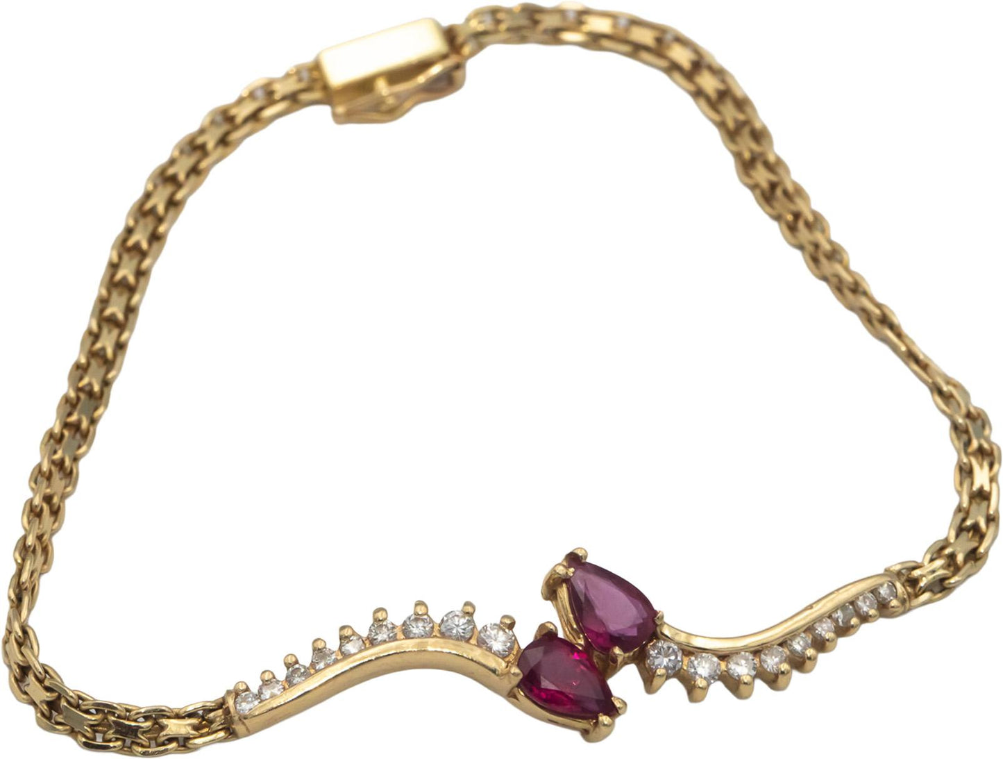 14k Yellow Gold 1.23CT Round Cut Diamond and Pear Cut Ruby Link Bracelet