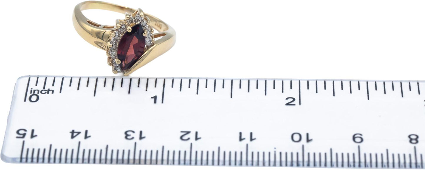 14k Yellow Gold 0.22CT Marquise Garnet and Round Diamond Cocktail Ring Size 7