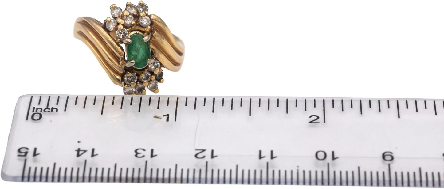 14k Yellow Gold Oval Emerald Round Diamond Cocktail Ring 1.0CT Size 6.5