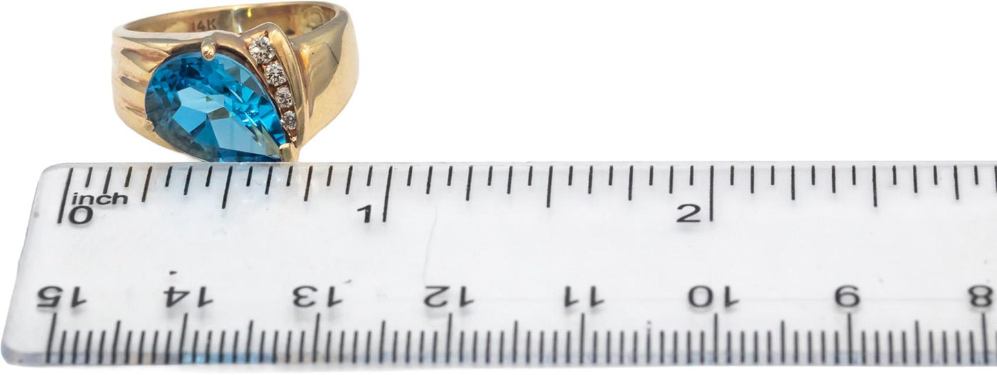 14k Yellow Gold Pear Cut Blue Topaz Round Diamond Cocktail Ring 3.08CT Size 5.25