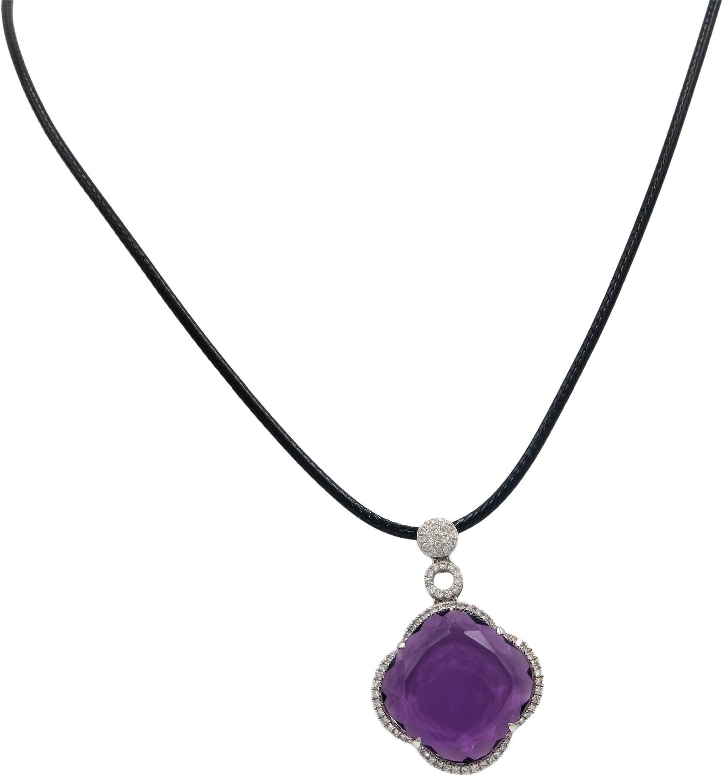 14k White Gold 0.63CT Diamond and 22.0 x 22.0mm Amethyst Pendant Necklace