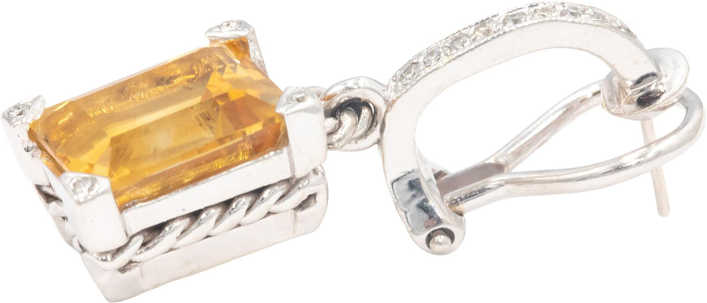 14k White Gold Round Diamond & Emerald Cut Citrine Drop Dangle Earrings 13.25CT