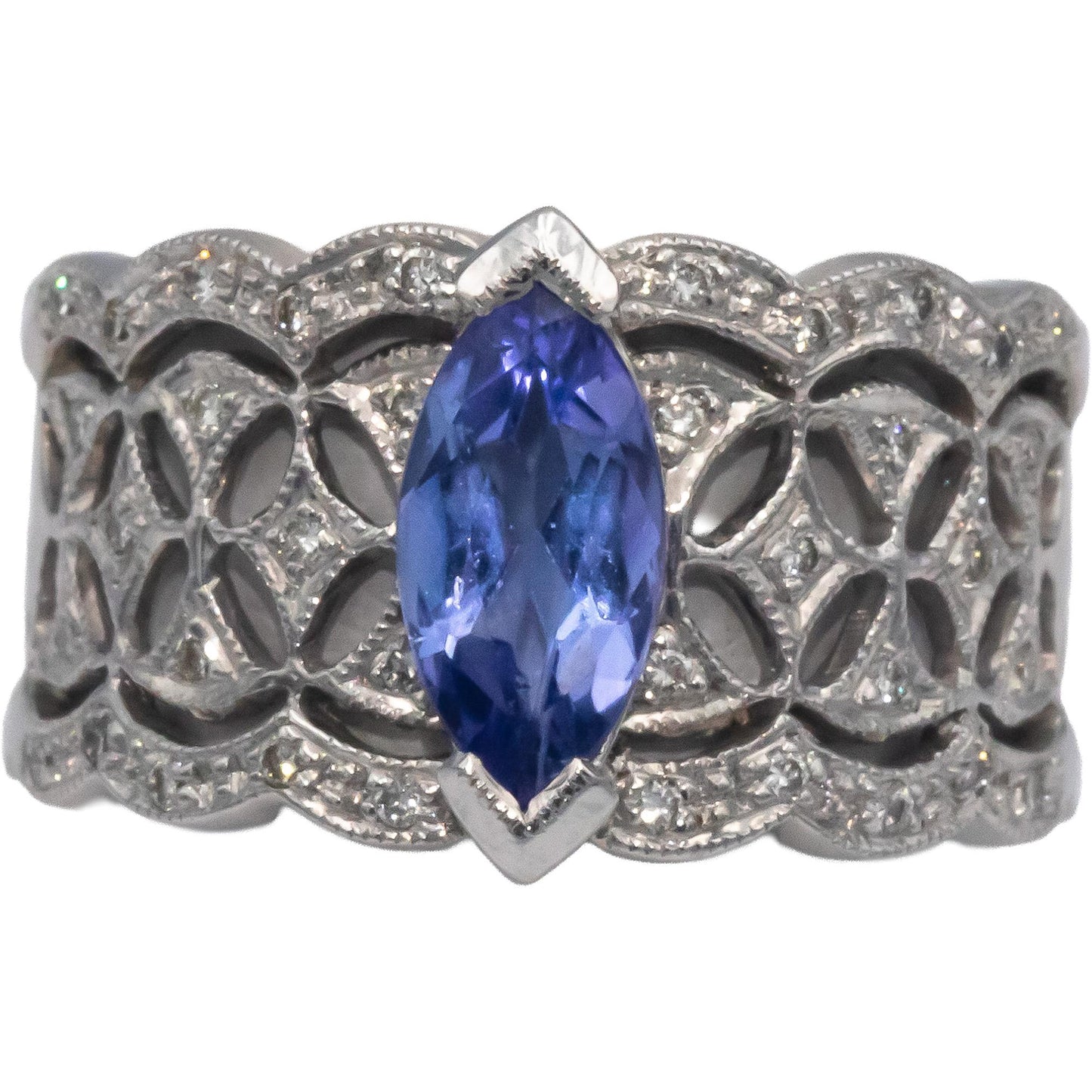 Designer 14k White Gold Diamond & Tanzanite Cocktail Ring 1.10CT Size 7