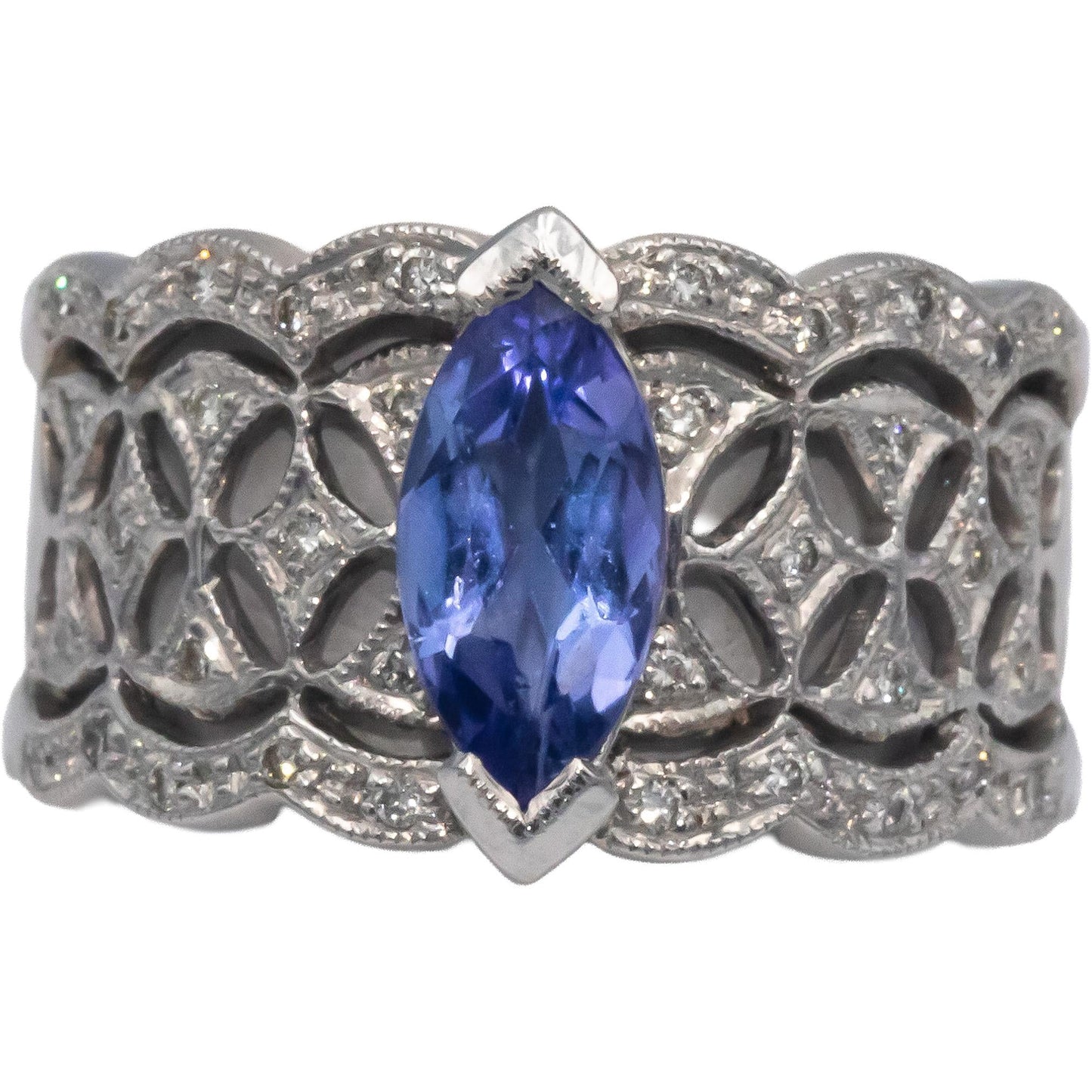 KALATI Designer 14k White Gold 1.10CT Diamond and Tanzanite Ring Size 7