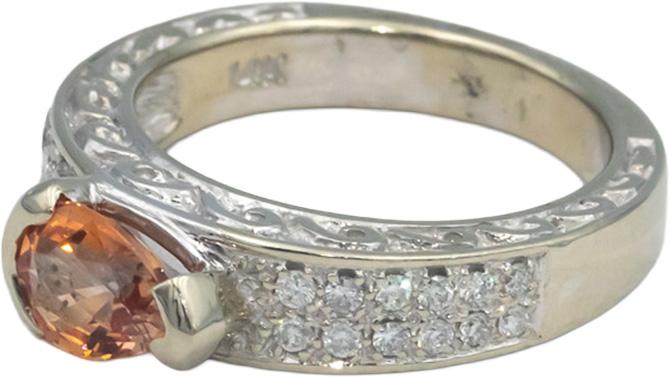 14k White Gold 1.75CT Diamond and GIA Cert Orange Sapphire Ring w/ Carved Sides